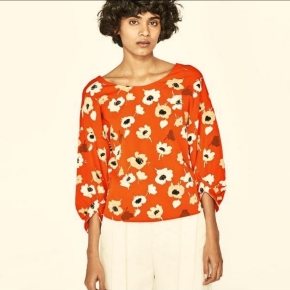Boho-Chic ZARA Floral Red  Women’s Blouse with Bishops Sleeves Size Small